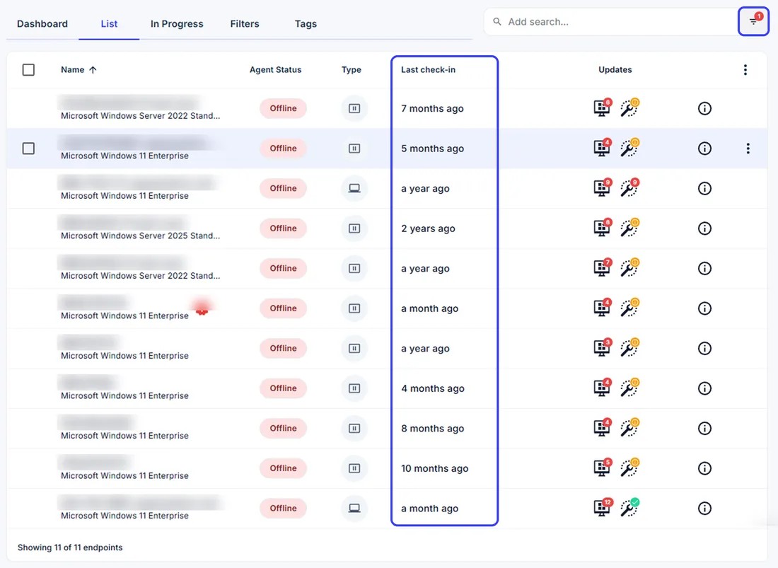 The CapaOne Windows endpoint list filtered on last check-in, showing eleven offline endpoints last seen between a month and two years ago. Endpoint names are blurred.