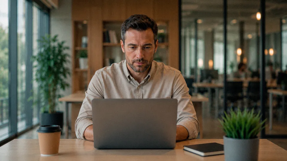 An IT professional focused on a laptop in a modern office